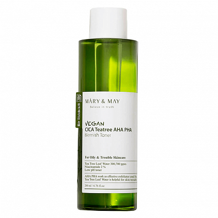 Тонер успокаивающий с экстрактом центеллы азиатской Mary&May Vegan Cica Tea Tree AHA PHA Toner, 200 мл